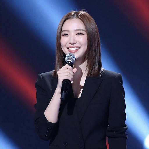 Smiling Woman with Microphone on Stage