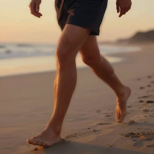 Photograph of a man's sunlit, muscular legs in black shorts walking barefoot on a sandy beach at sunset. Waves and distant shoreline visible in