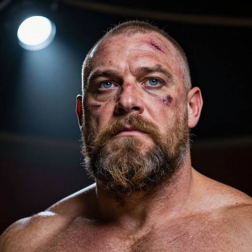 Photograph of a muscular, bearded man with blue eyes, bruised face, and light brown hair, shirtless, under bright spotlight.