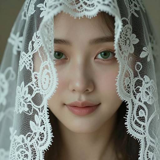 Close-up photograph of a young girl with green eyes, wearing a delicate white lace veil, softly smiling, with soft natural light.