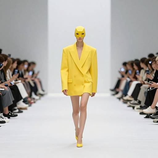 Photograph of a model in a bright yellow coat and matching yellow shoes, with a yellow mask, walking down a minimalist runway with seated audience on both
