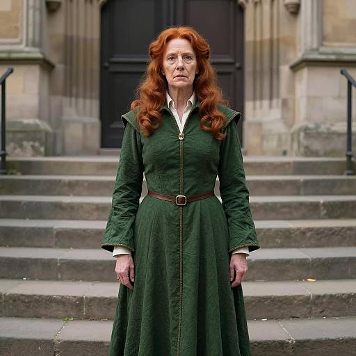 Older Woman in Medieval Green Dress on Cathedral Steps