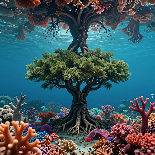 Photograph of an underwater scene featuring a fantastical tree with sprawling roots and green foliage, surrounded by vibrant coral reefs in shades of orange, pink,