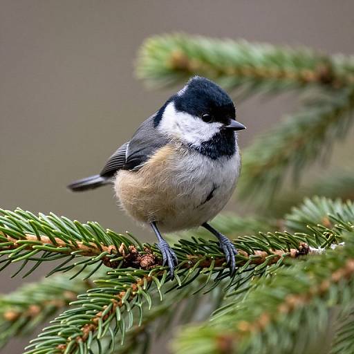 Photograph of a black-capped chickadee with white cheeks and grey wings, perched on a green pine branch, soft-focus background.