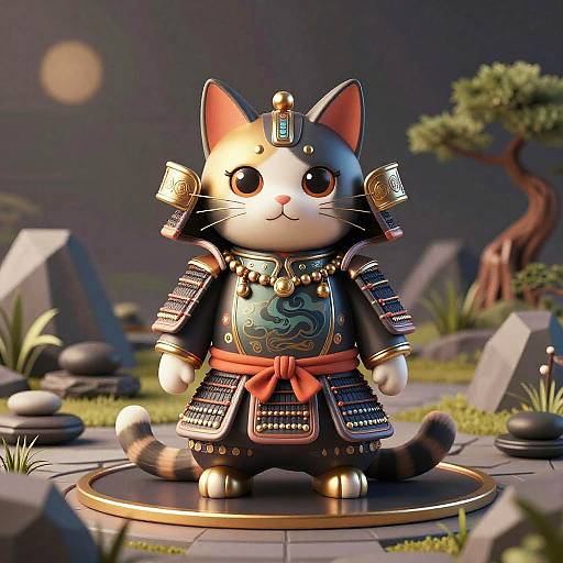 CGI image of a cute, armored cat with black and white fur, wearing traditional samurai armor, standing on a stone pedestal in a serene,