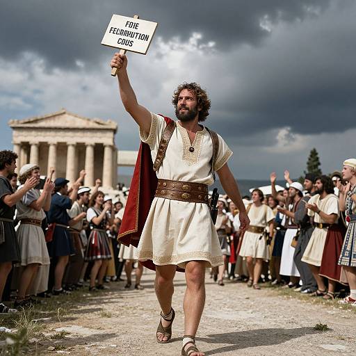 Photograph of a bearded, curly-haired man in ancient Roman attire, holding a 
