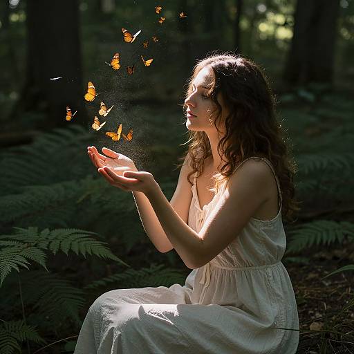 Woman with Butterflies in Forest
