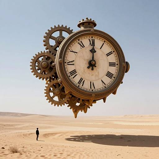 Photograph of a massive, steampunk-style clock with gears floating in a desert, casting a shadow. A tiny figure stands below, emphasizing scale