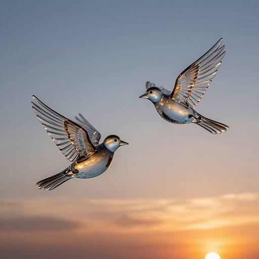 Photograph of two silver, iridescent birds with outstretched wings flying against a sunset sky, with warm orange and blue hues.
