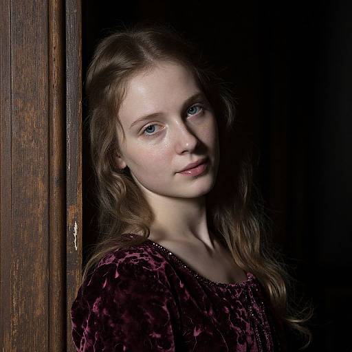 Photograph of a young woman with fair skin, blue eyes, and wavy brown hair, wearing a dark purple velvet dress, standing in a dim