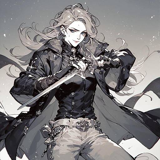 Anime Character with Sword in Monochrome Style