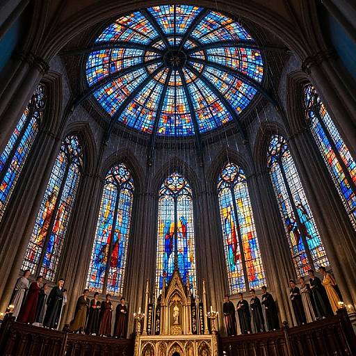 Photograph of a grand cathedral interior showcasing vibrant, intricate stained-glass windows in blue, red, and yellow, with statues of saints lining the lower