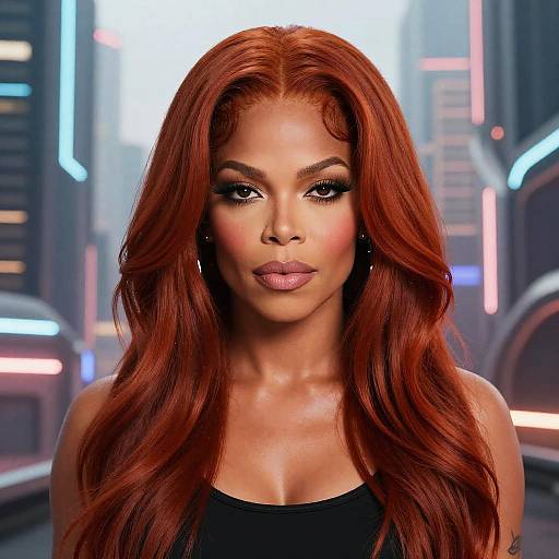Digital portrait of a glamorous woman with long, wavy red hair, glowing skin, and bold makeup, set against a neon-lit futuristic cityscape