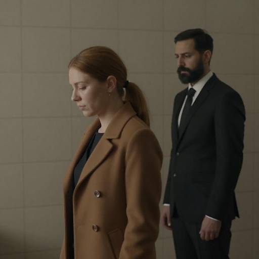 Somber Figures in Beige-Tiled Room