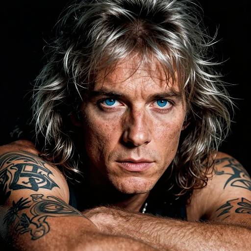 Photograph of a muscular, tattooed man with silver hair, blue eyes, and intense expression, arms crossed, dark background.