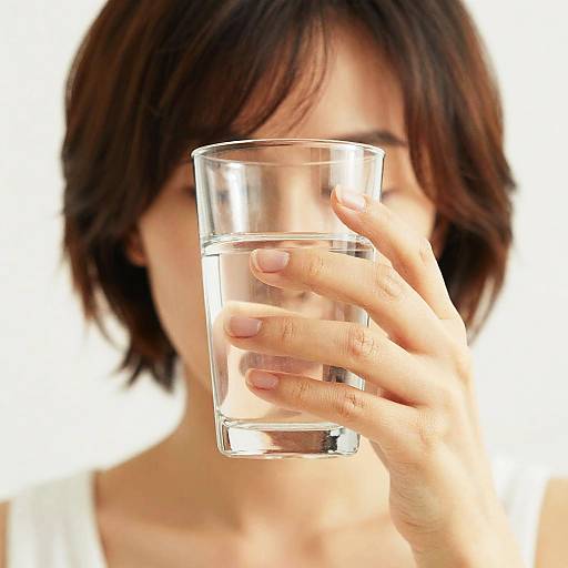 Photograph of a woman with short dark brown hair, holding a clear glass of water, partially obscuring her face with the glass. Bright white background