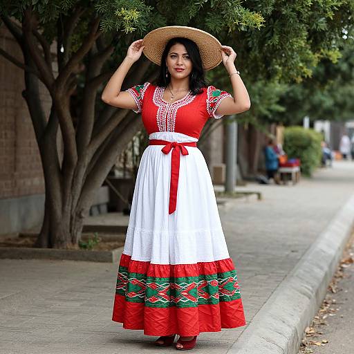Photograph of a Latina woman with dark hair, wearing a red and white traditional Mexican dress, and a straw hat, standing on a tree-lined street