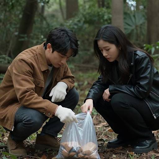 Two People Collecting Items in Forest