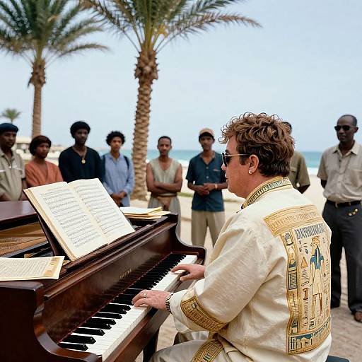 Photograph of a Caucasian male pianist in ornate white robe, playing piano outdoors on beach with palm trees, surrounded by eight standing, casually dressed