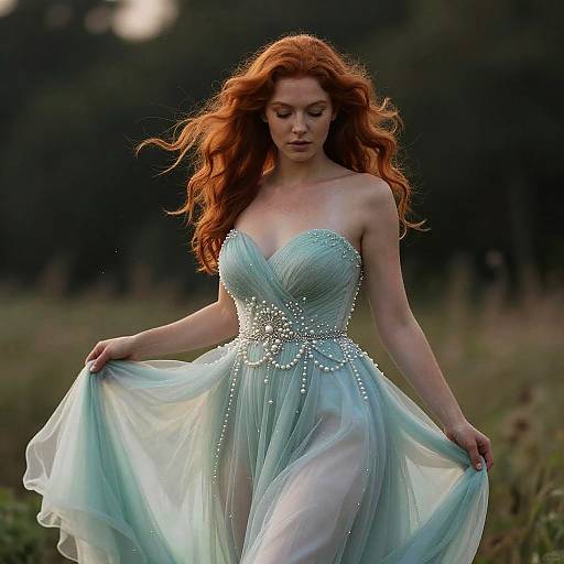 Photograph of a red-haired woman with long wavy hair, wearing a strapless, light blue, beaded, flowing gown, standing in a
