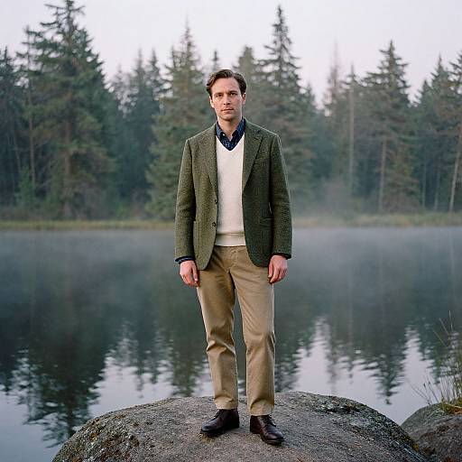 Man in Tweed by Misty Lake