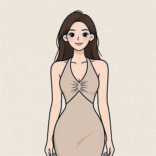 Digital anime-style drawing of a smiling woman with long black hair, fair skin, and large eyes, wearing a beige, sleeveless, deep V-neck