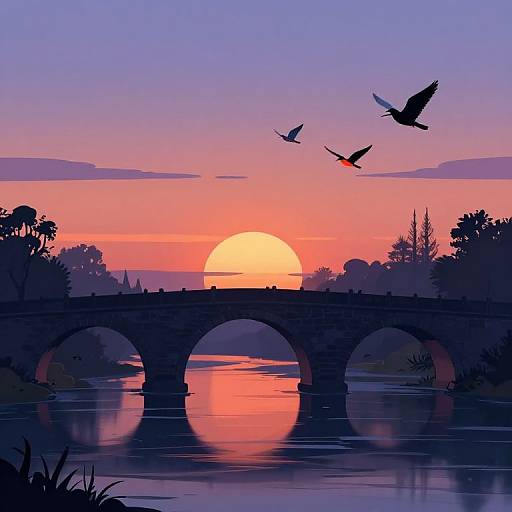 Digital illustration of a sunset over a reflective river with a silhouetted stone bridge, three flying birds, and vibrant pink, purple, and orange