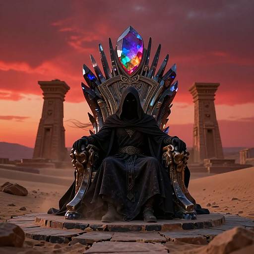 Photorealistic digital art: Hooded figure with glowing, multicolored crown sits on ornate, spiked throne in desert, under red-orange sky