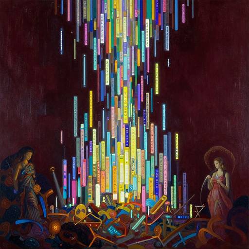 Digital painting: Two women in colorful, flowing dresses stand before a vibrant, neon-lit vertical array of glowing, multicolored signs in a dark