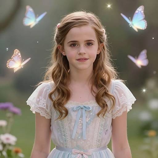 Photograph of a young girl with wavy brown hair, wearing a white lace dress with blue ribbon, surrounded by glowing blue butterflies, in a sunny