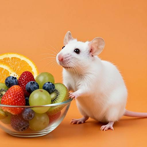 Photograph of a white mouse with pink ears and nose, standing on an orange background, reaching for a glass bowl of colorful fruit including strawberries, grapes