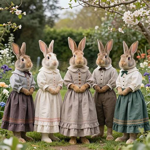 Photograph of five anthropomorphic rabbits in Victorian-style dresses, standing in a blooming garden with white flowers, wearing bow ties and aprons.