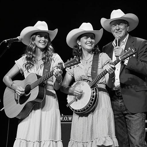 Three Performers on Stage in Black and White
