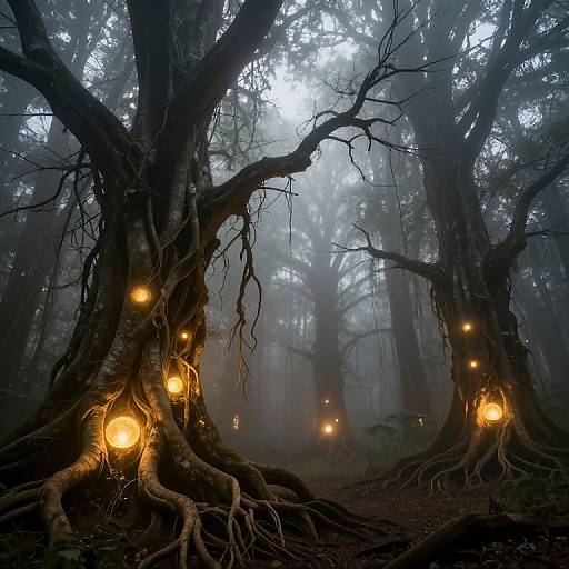 Photograph of a mystical, foggy forest with large, twisted trees adorned with glowing, orange lanterns nestled among their exposed roots.