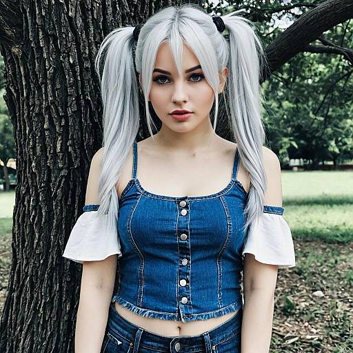 Young woman with white twintails in denim outfit outdoors
