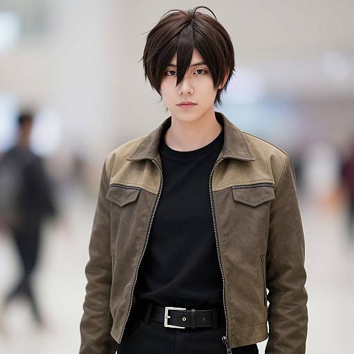 Photorealistic CGI of an androgynous young person with short black hair, wearing a brown leather jacket over a black shirt, standing in a