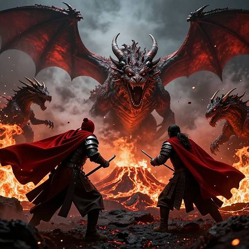 Digital fantasy artwork: Two armored knights with red capes face fierce red dragon with wings spread, surrounded by blazing fire and dark smoke.