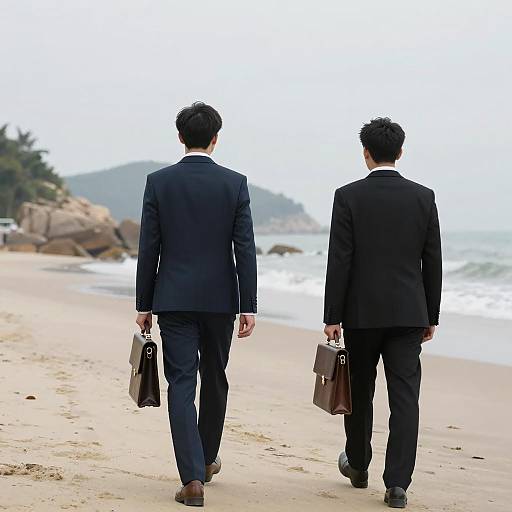 Businessmen Walking on Beach with Briefcases