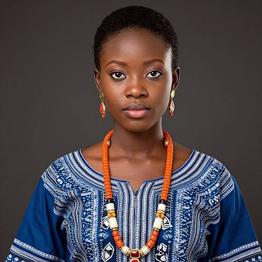 Photograph of a young Black woman with short, twisted hair, wearing a blue embroidered top, orange beaded necklace, and red earrings, against a