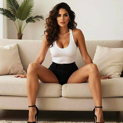 Photograph of a toned, dark-haired woman with long curly hair, wearing a white tank top, black high-waisted shorts, and black heels