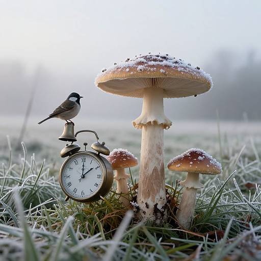 Clock-Topped Mushrooms in Frosty Meadow