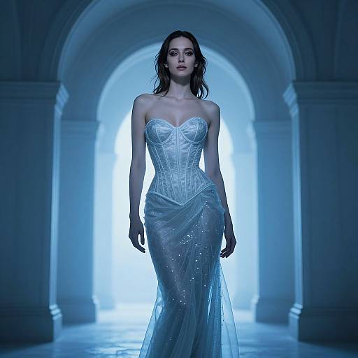 Photograph of a stunning woman with dark hair, wearing a strapless, blue, corset-style gown with sheer, sparkling overlay, walking down a