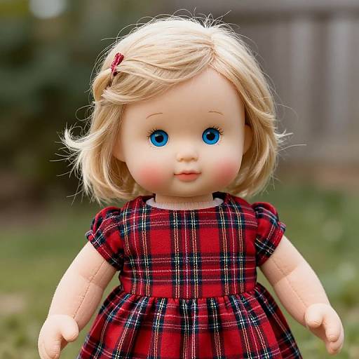 Photograph of a blonde-haired doll with blue eyes, wearing a red plaid dress, standing outdoors on green grass.
