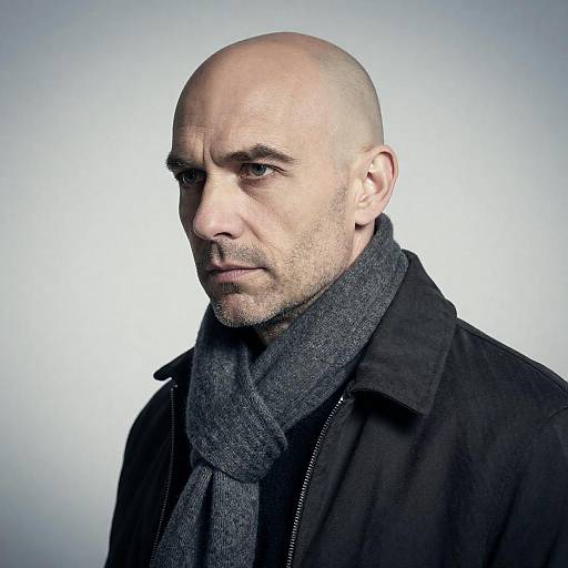 Serious Bald Man Portrait, Gray Scarf