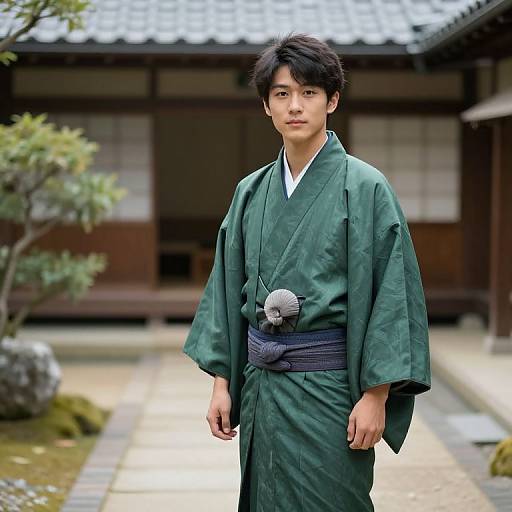 Asian Boy in Green Kimono Courtyard