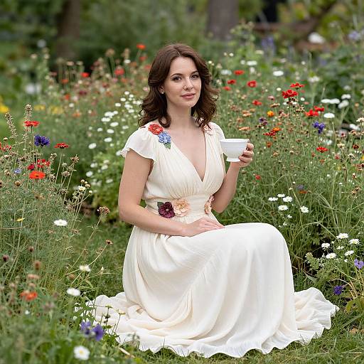 Photograph of a fair-skinned woman with wavy brown hair, wearing a white, V-neck dress with floral brooches, sitting in a