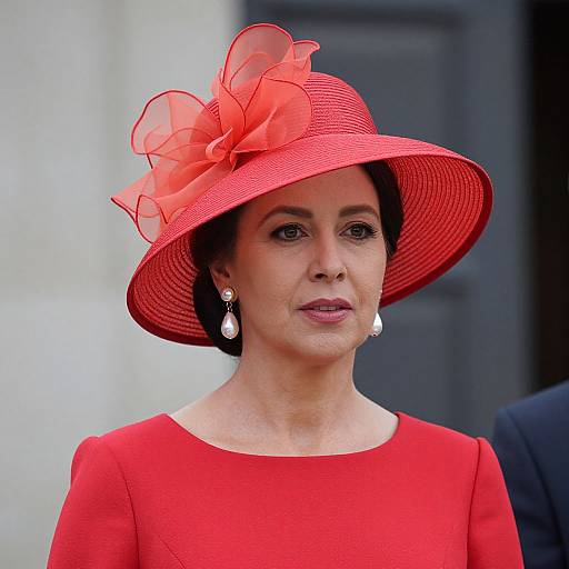 Photograph of a mature woman with fair skin, wearing a bright red dress and matching wide-brimmed hat with large, translucent red bow, paired