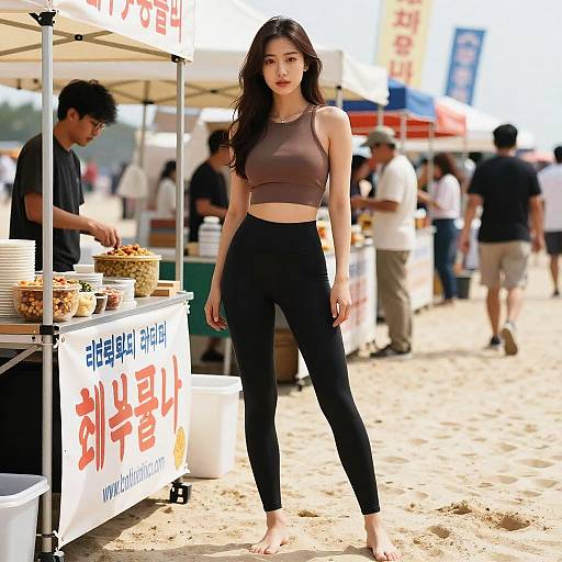 Athletic Woman at Beachside Food Vendor