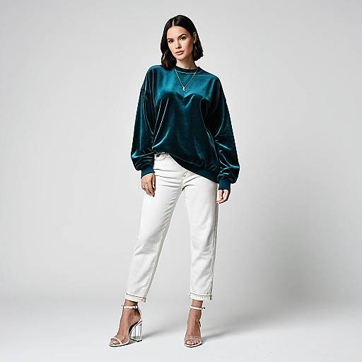 Stylish woman in velvet sweatshirt and white jeans