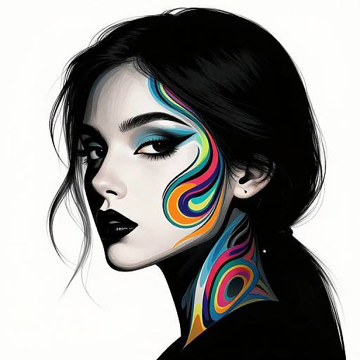 Digital artwork of a pale-skinned woman with dark hair, black lipstick, and vibrant, colorful tribal face and neck tattoos against a white background.